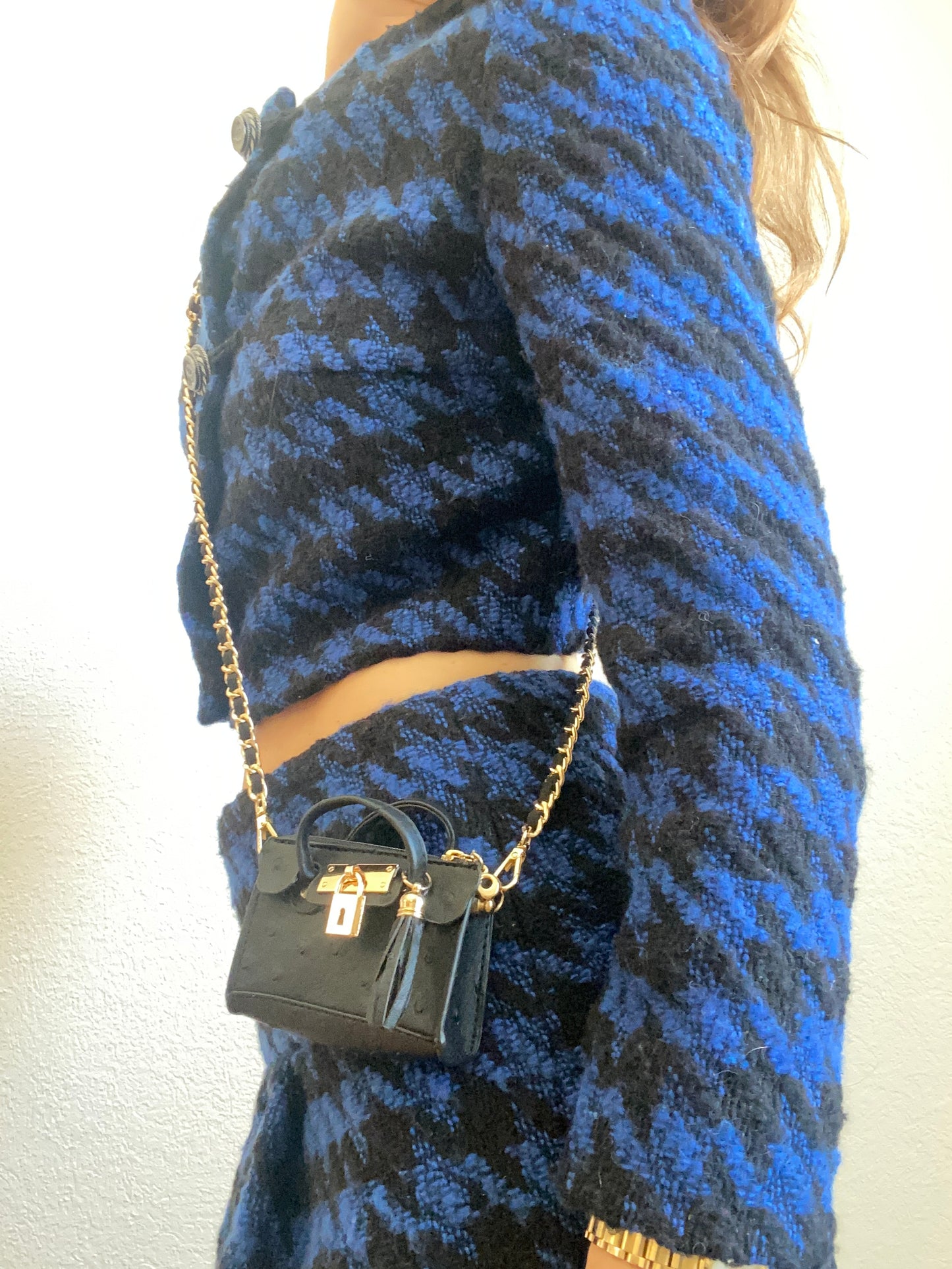 A Playful Glam Mini Purse with Gold Chain Sling and Ostrich Vegan Leather