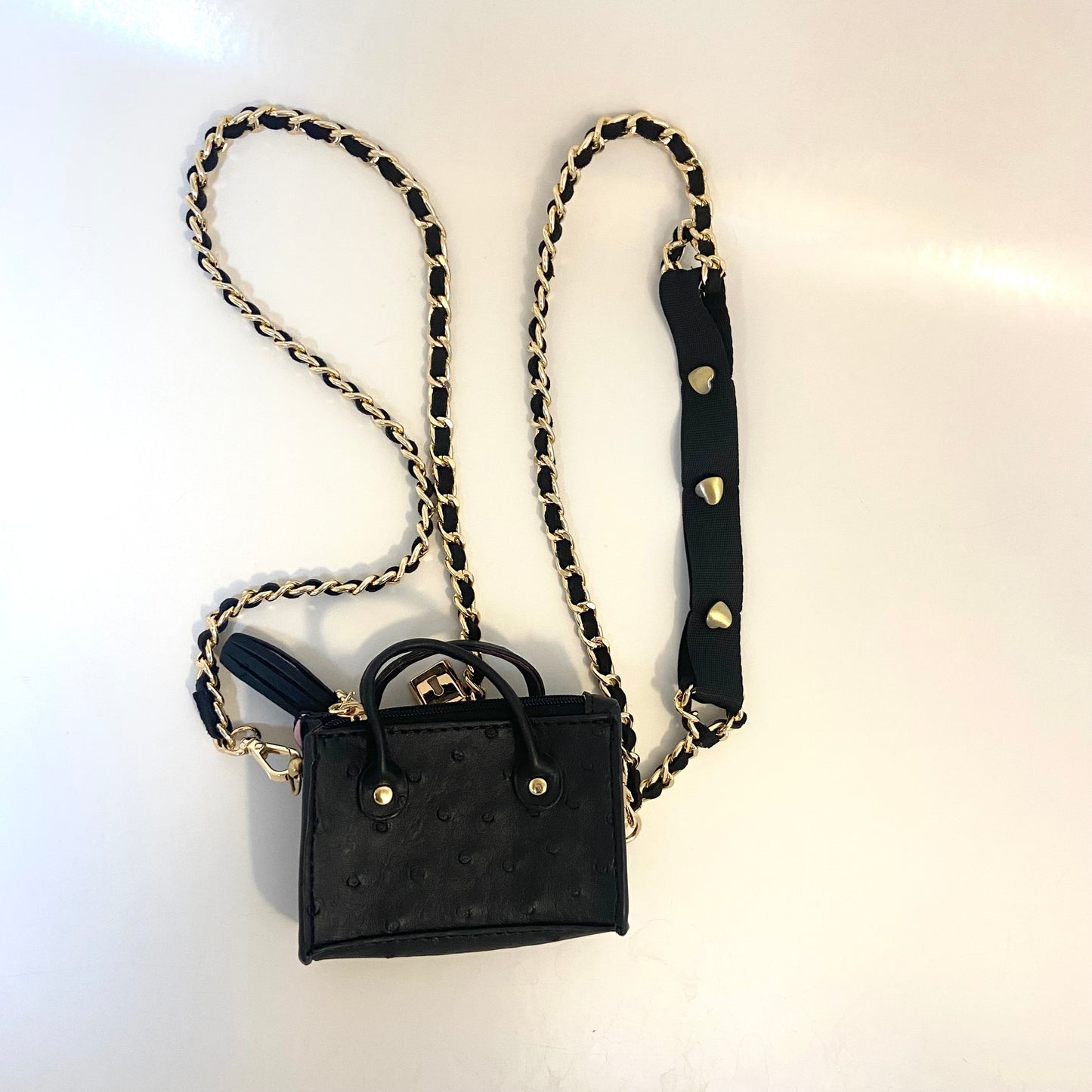 A Playful Glam Mini Purse with Gold Chain Sling and Ostrich Vegan Leather