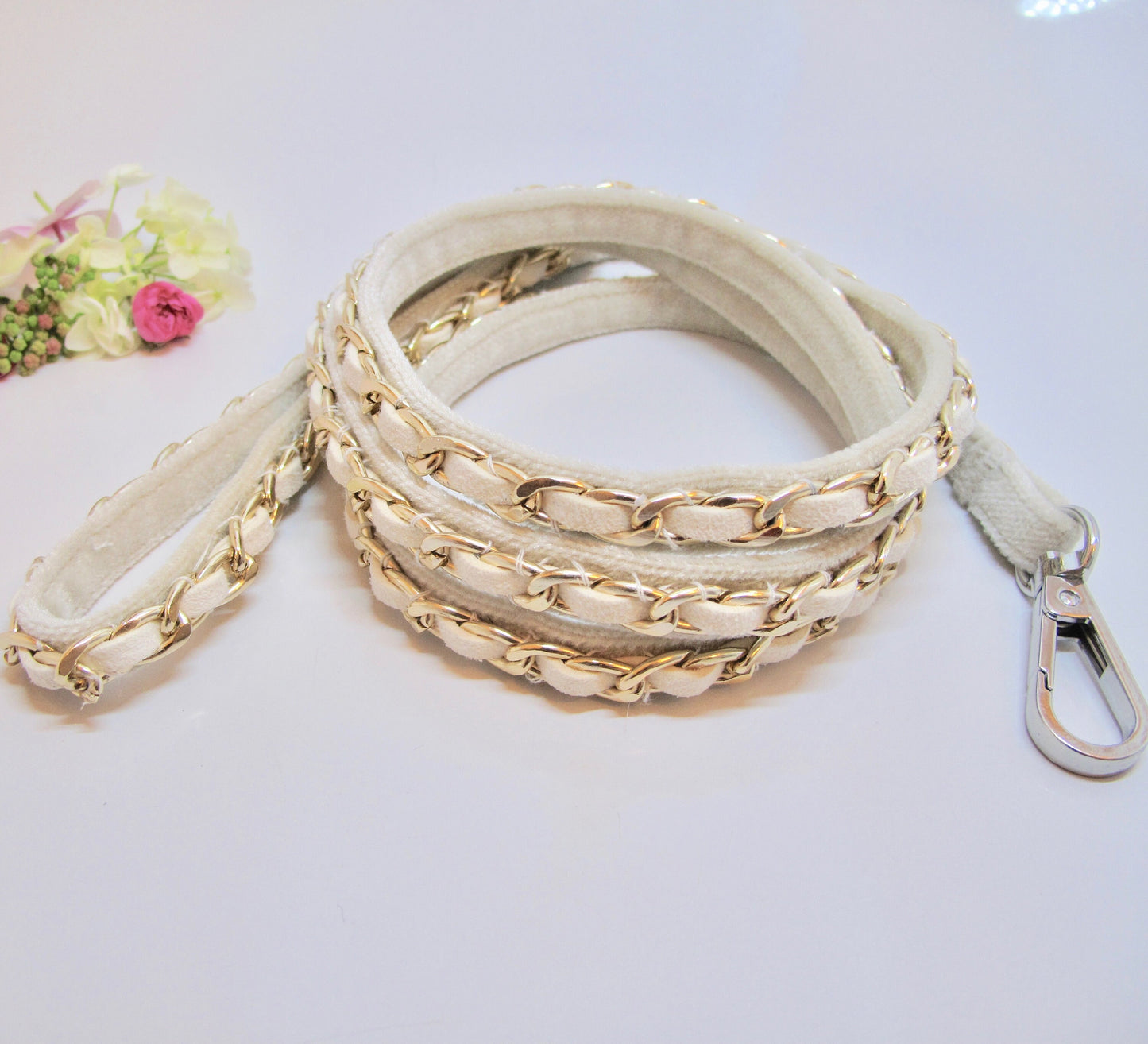 Rose Gold / Ivory Velvet Dog Collar Matching Leash Set. Small Adjustable Girl or Boy Dog Harness, 4Ft Leash. Choose Color Combo at Checkout