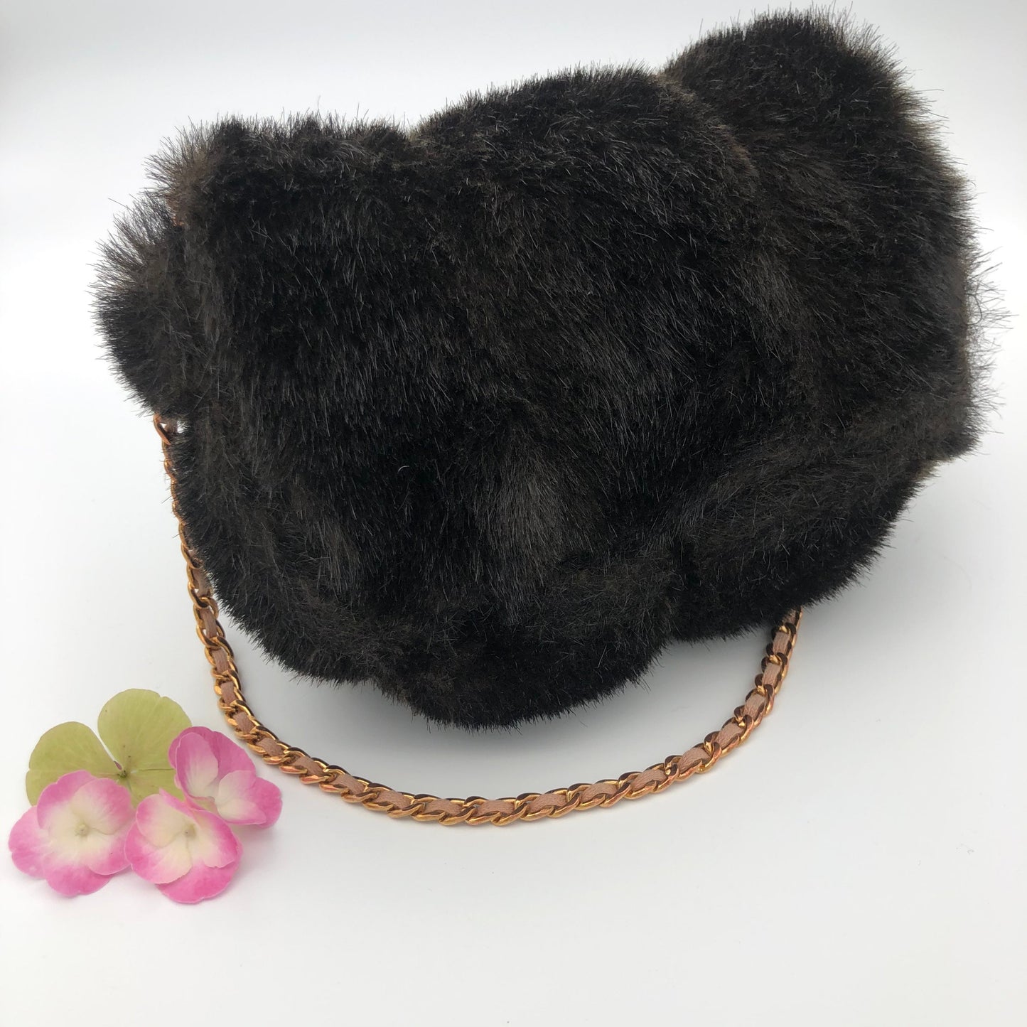 Top Flap Fuzzy Vegan Fur Purse with Chunky Gold Chain Sling for your Valuables, Brown Soft Vegan Fur Snap Closure Handbag Tote Bag Purse