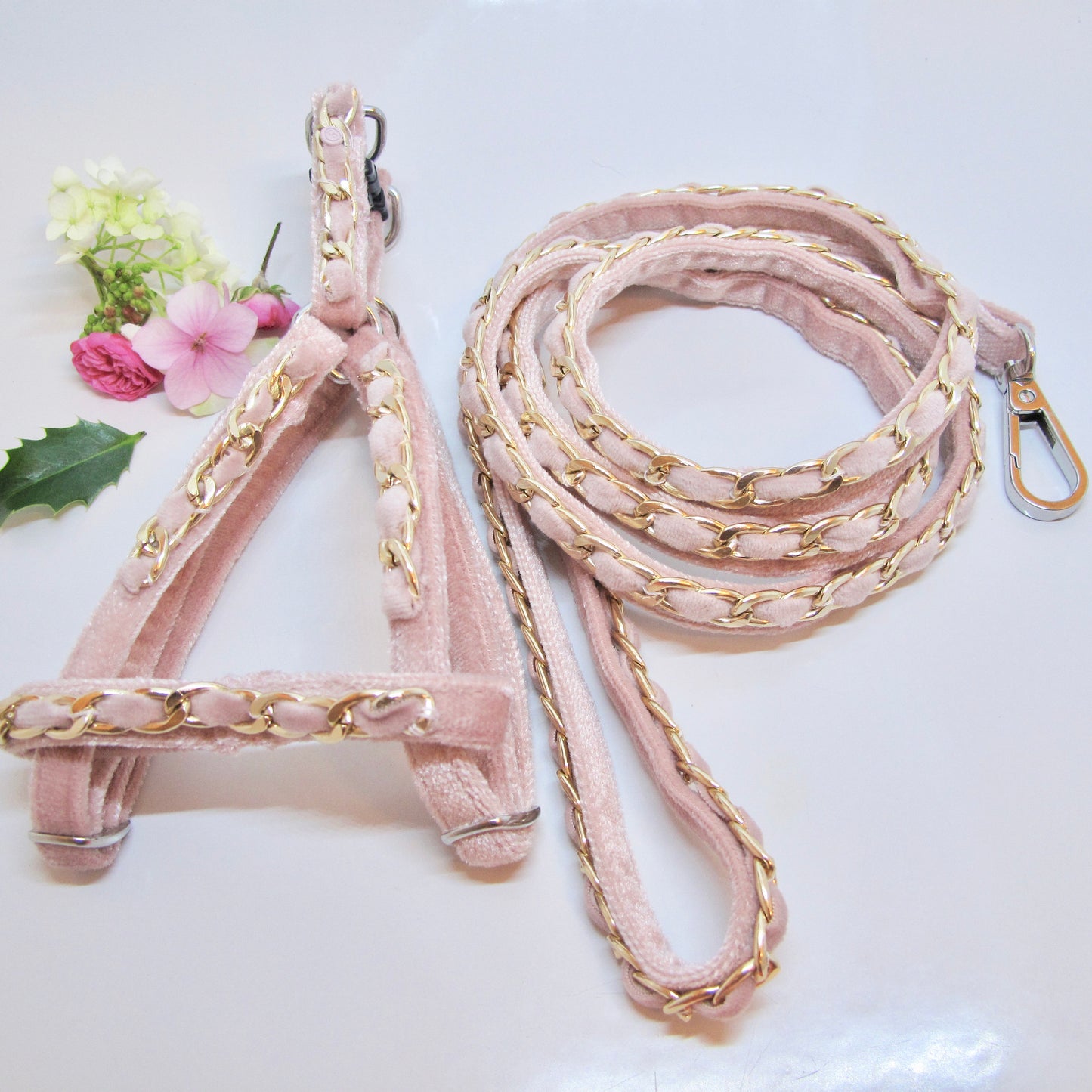 Rose Gold / Ivory Velvet Dog Collar Matching Leash Set. Small Adjustable Girl or Boy Dog Harness, 4Ft Leash. Choose Color Combo at Checkout