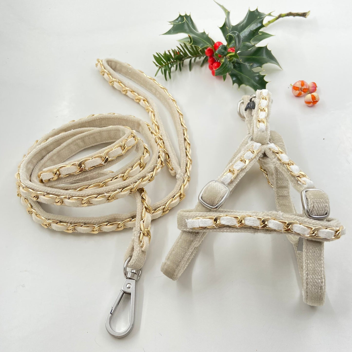 Rose Gold / Ivory Velvet Dog Collar Matching Leash Set. Small Adjustable Girl or Boy Dog Harness, 4Ft Leash. Choose Color Combo at Checkout