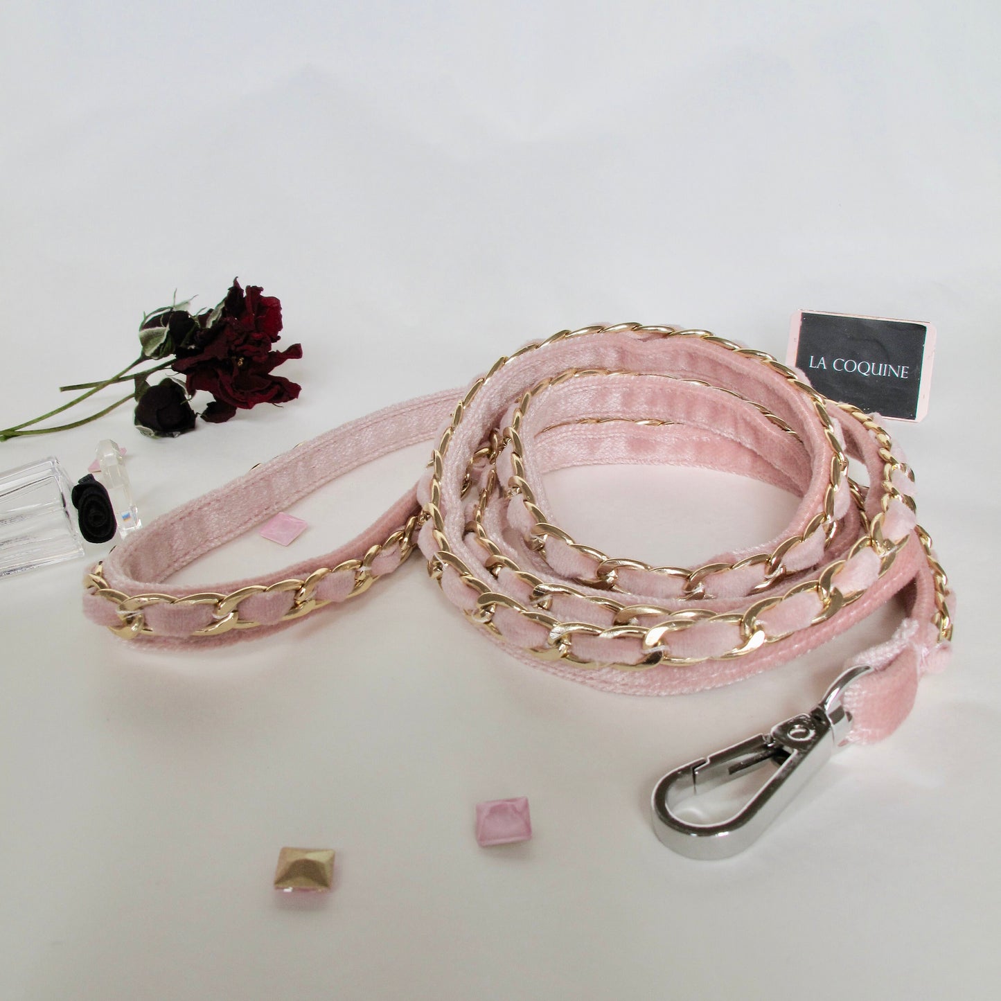 Rose Gold / Ivory Velvet Dog Collar Matching Leash Set. Small Adjustable Girl or Boy Dog Harness, 4Ft Leash. Choose Color Combo at Checkout