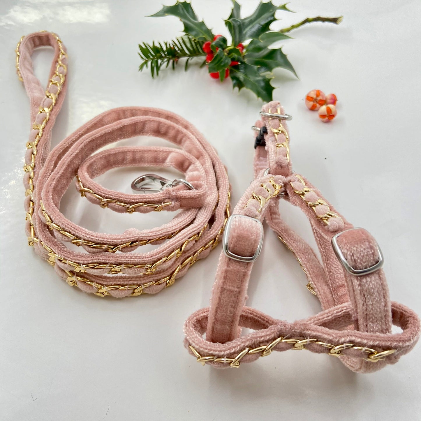 Rose Gold / Ivory Velvet Dog Collar Matching Leash Set. Small Adjustable Girl or Boy Dog Harness, 4Ft Leash. Choose Color Combo at Checkout