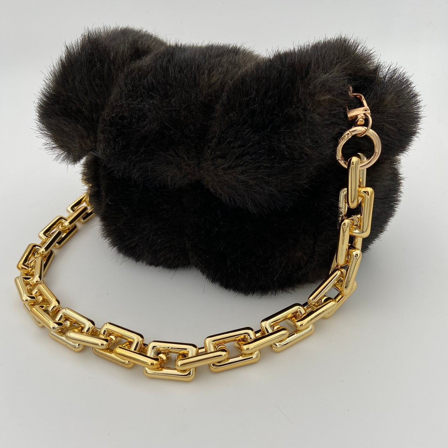 Top Flap Fuzzy Vegan Fur Purse with Chunky Gold Chain Sling for your Valuables, Brown Soft Vegan Fur Snap Closure Handbag Tote Bag Purse