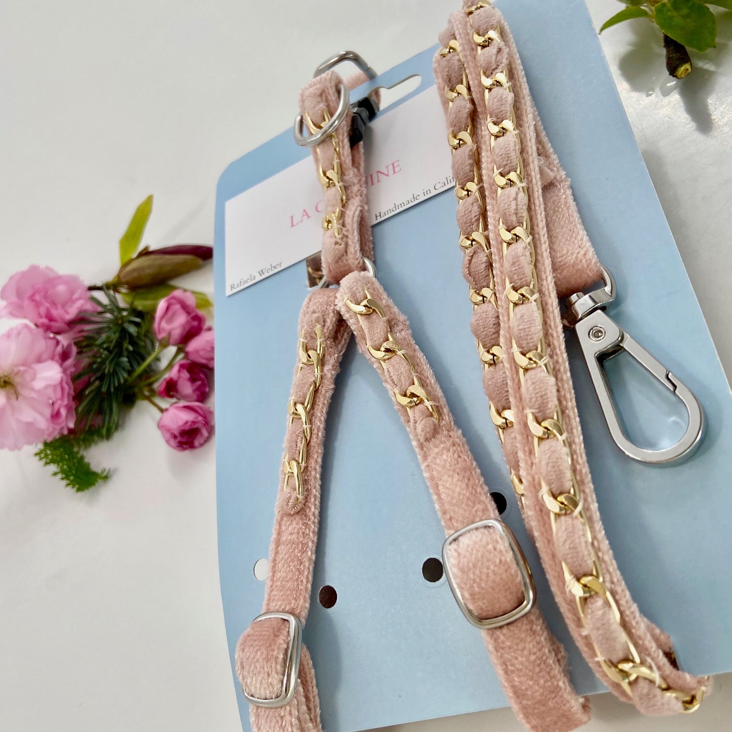 Rose Gold / Ivory Velvet Dog Collar Matching Leash Set. Small Adjustable Girl or Boy Dog Harness, 4Ft Leash. Choose Color Combo at Checkout