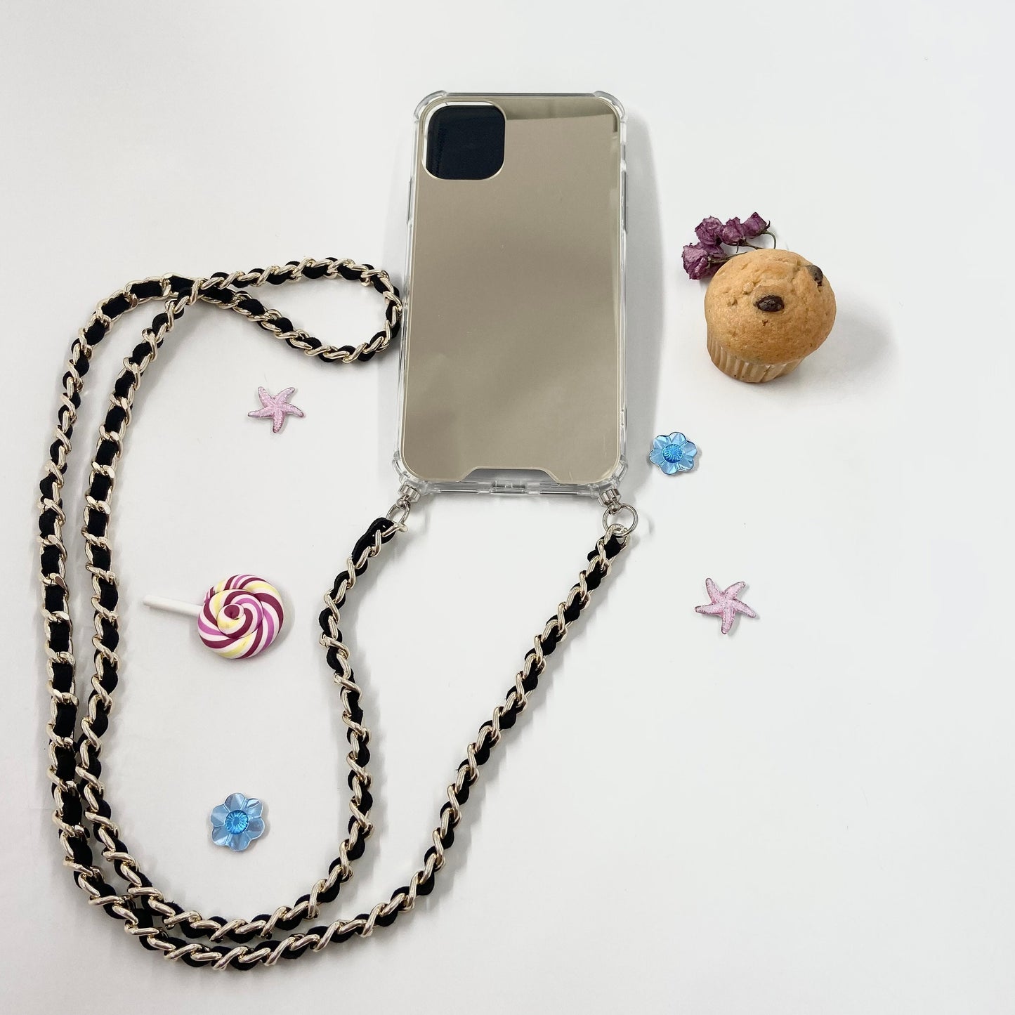 iPhone Mirror Case, Samsung Crossbody Mirror Case, iPhone Chain Strap, Phone Mirror Case, Shoulder Strap Phone Case, Gold Phone Case Lanyard