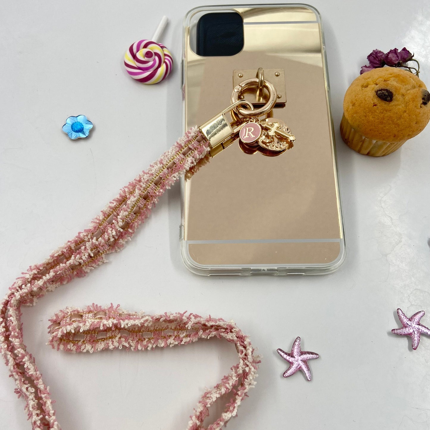 Personalized Letter Bling Make-Up Mirror iPhone Case w Rose Tweed Handle Sling Bling Charms for iPhone Samsung models- Also makes Great Gift