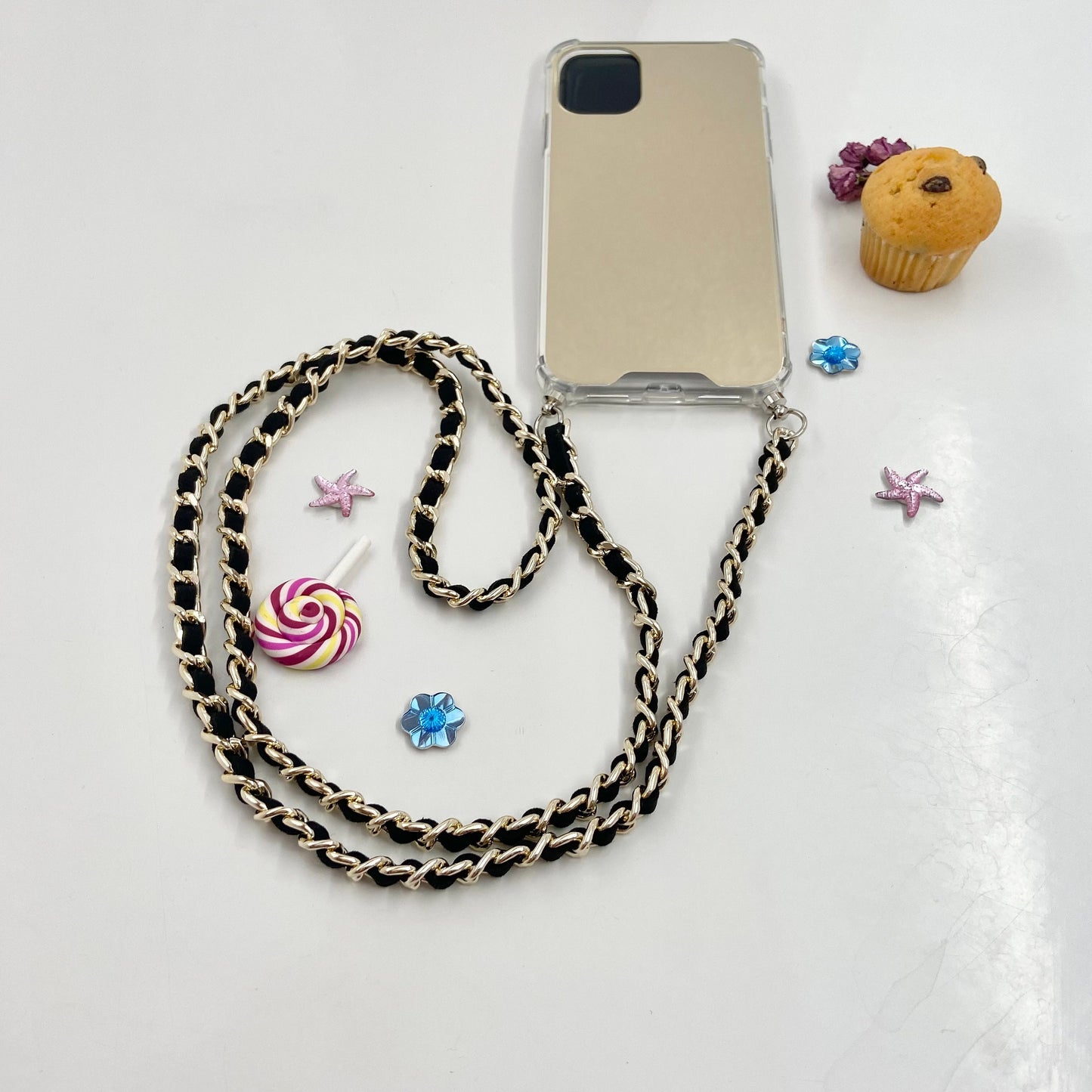 iPhone Mirror Case, Samsung Crossbody Mirror Case, iPhone Chain Strap, Phone Mirror Case, Shoulder Strap Phone Case, Gold Phone Case Lanyard
