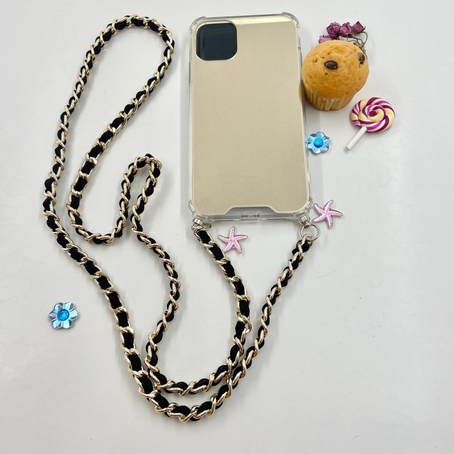 iPhone Mirror Case, Samsung Crossbody Mirror Case, iPhone Chain Strap, Phone Mirror Case, Shoulder Strap Phone Case, Gold Phone Case Lanyard