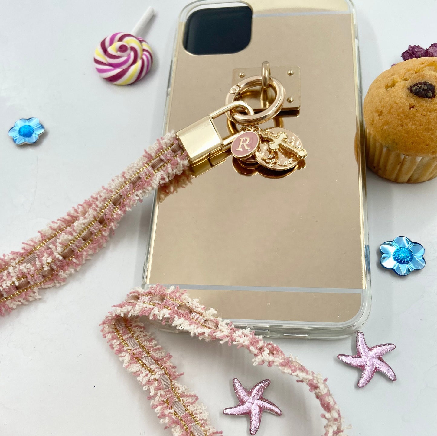 Personalized Letter Bling Make-Up Mirror iPhone Case w Rose Tweed Handle Sling Bling Charms for iPhone Samsung models- Also makes Great Gift