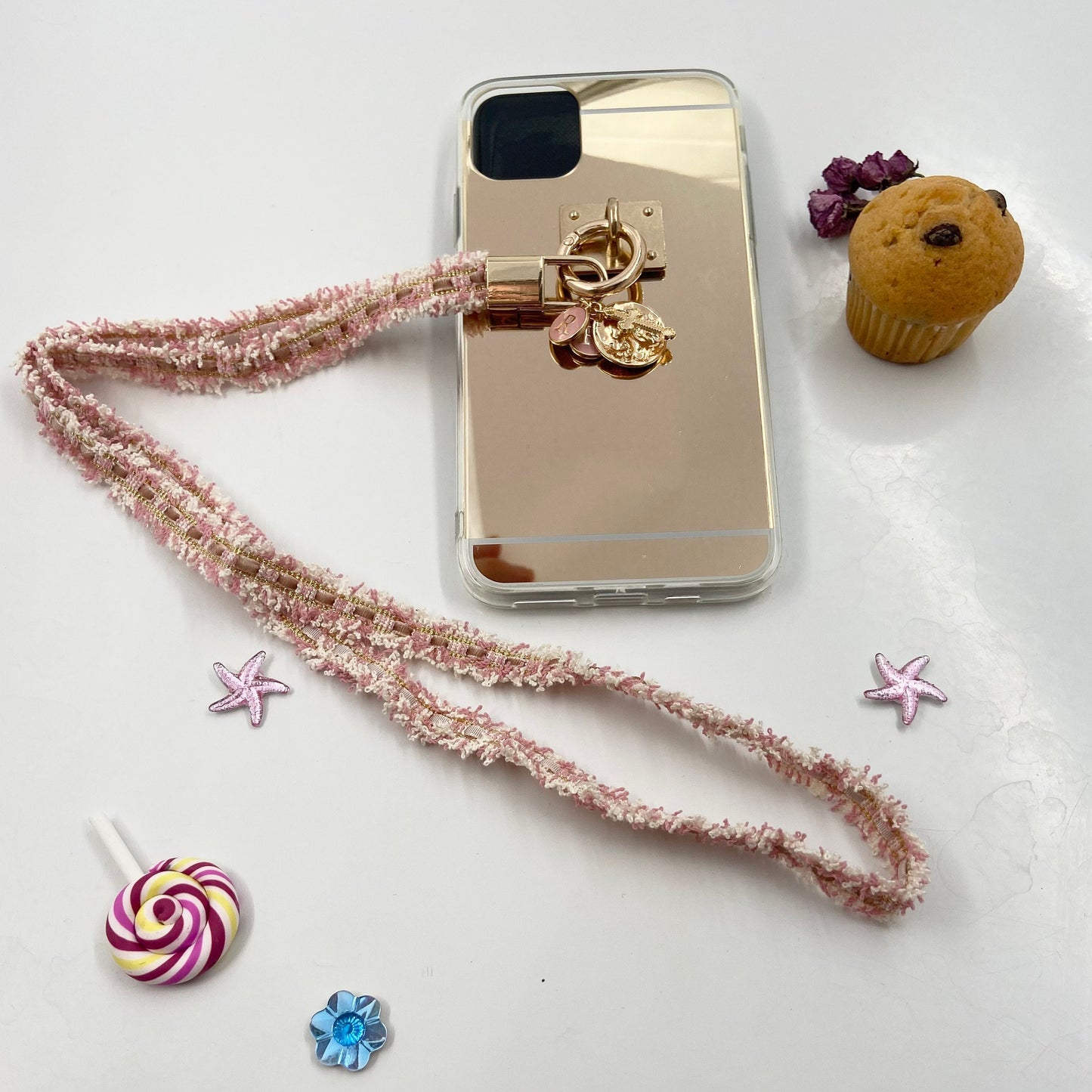 Personalized Letter Bling Make-Up Mirror iPhone Case w Rose Tweed Handle Sling Bling Charms for iPhone Samsung models- Also makes Great Gift