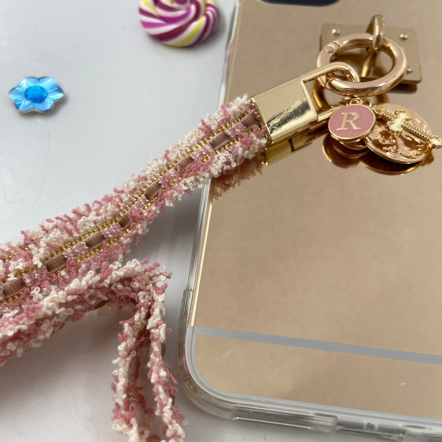 Personalized Letter Bling Make-Up Mirror iPhone Case w Rose Tweed Handle Sling Bling Charms for iPhone Samsung models- Also makes Great Gift