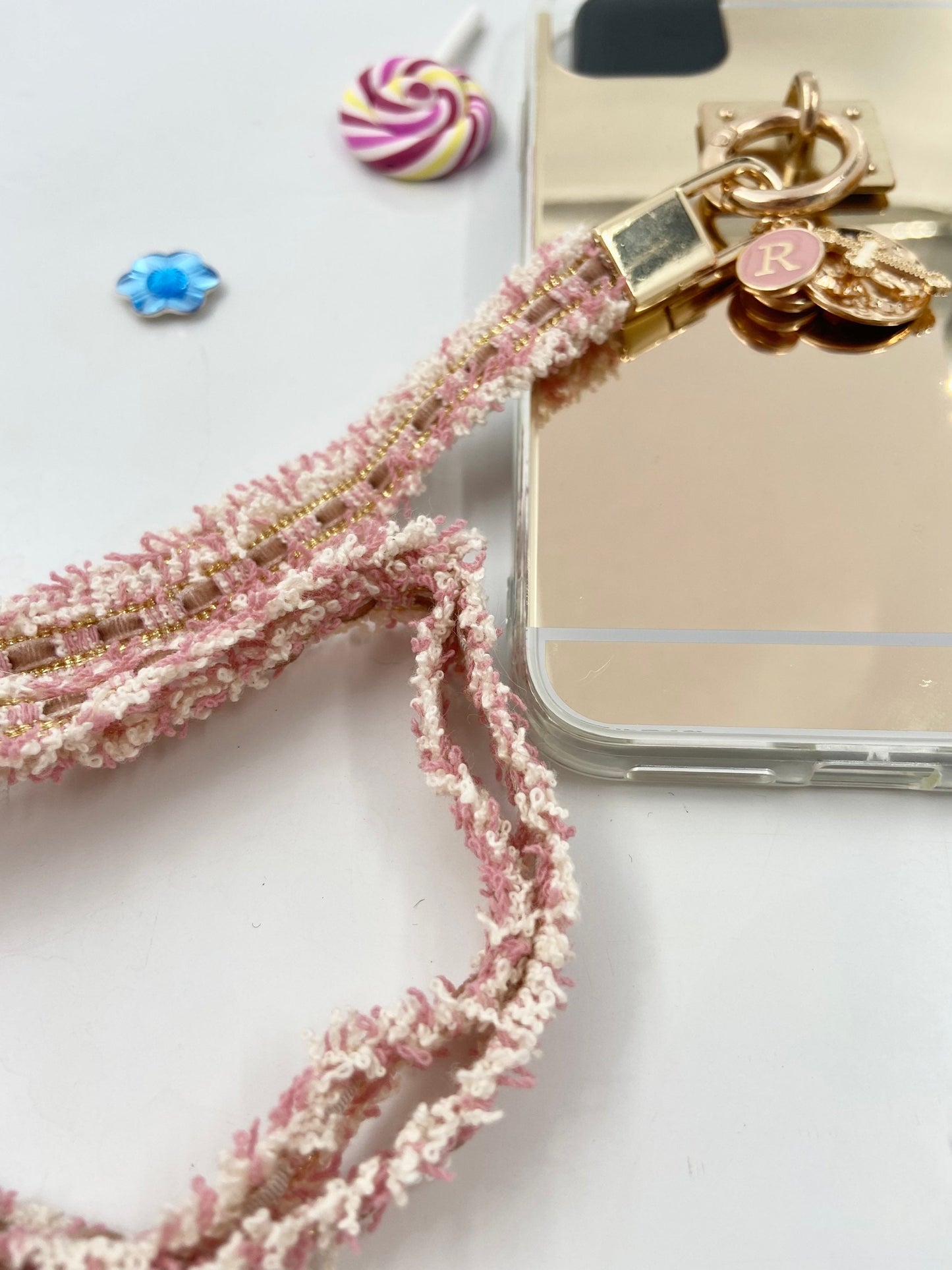 Personalized Letter Bling Make-Up Mirror iPhone Case w Rose Tweed Handle Sling Bling Charms for iPhone Samsung models- Also makes Great Gift