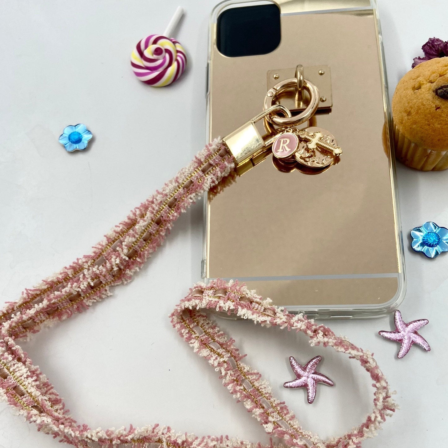 Personalized Letter Bling Make-Up Mirror iPhone Case w Rose Tweed Handle Sling Bling Charms for iPhone Samsung models- Also makes Great Gift