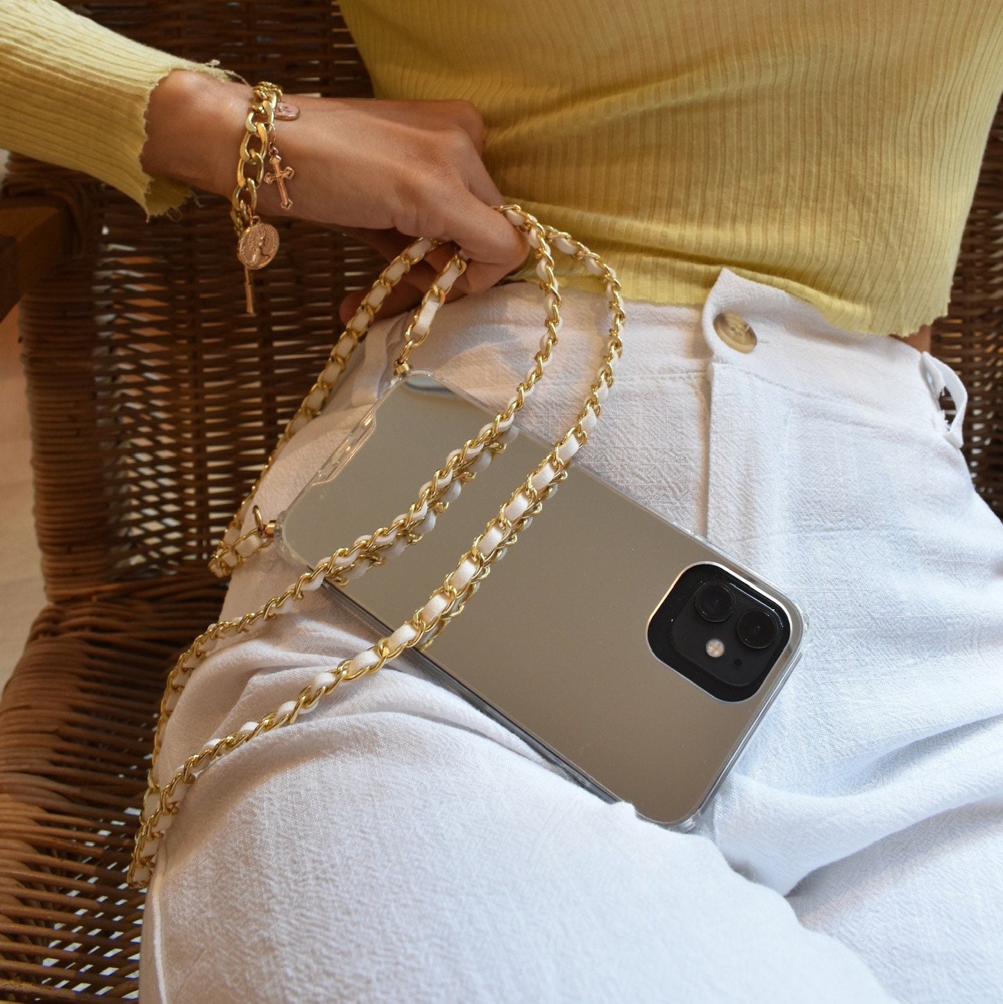 iPhone Mirror Case, Samsung Crossbody Mirror Case, iPhone Chain Strap, Phone Mirror Case, Shoulder Strap Phone Case, Gold Phone Case Lanyard