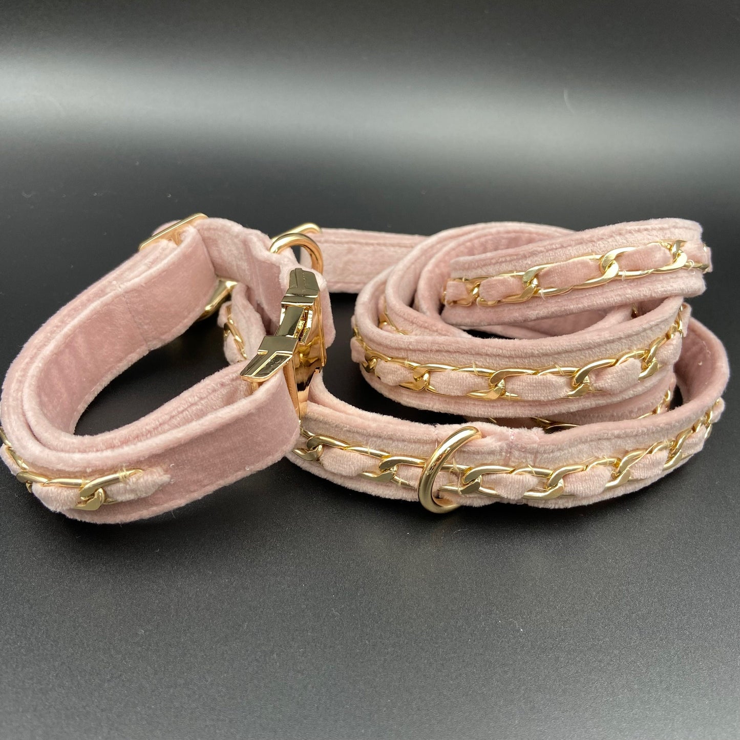 Gold Embellished Dog Collar, Adjustable Harness Leash Set, Unisex Dog Collar 4Ft Leash, Puppy Dog Collar, Soft Rose Velvet, Dog Accessories