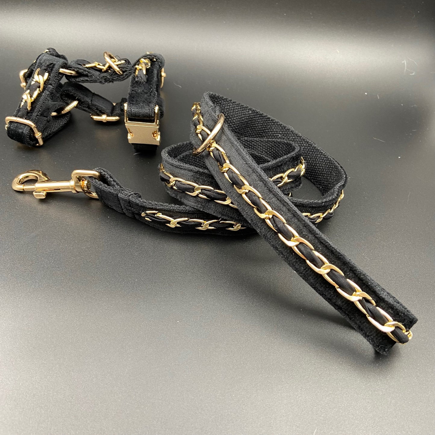 Gold Embellished Dog Collar, Adjustable Harness & Leash Set, Unisex Dog Collar 4Ft Leash, Puppy Dog Collar, Sky Blue Velvet, Dog Accessories