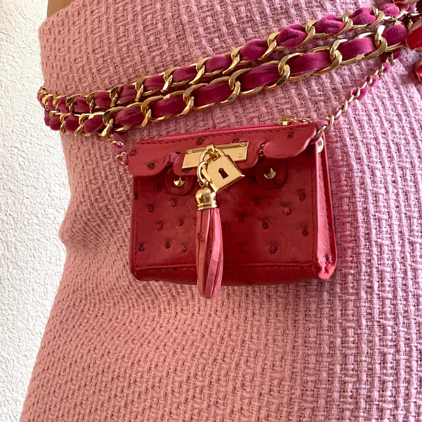Fuchsia Ostrich Vegan Leather Removable Mini Flap Bag Adjustable Multilayer Waist Belt Gold Chain for Hips, Body Chain with mini Bag Wallet
