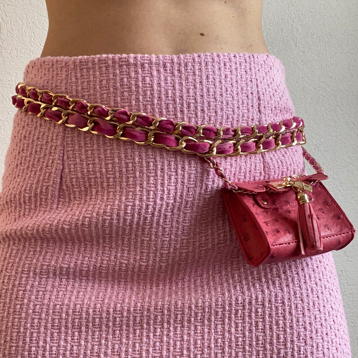 Fuchsia Ostrich Vegan Leather Removable Mini Flap Bag Adjustable Multilayer Waist Belt Gold Chain for Hips, Body Chain with mini Bag Wallet