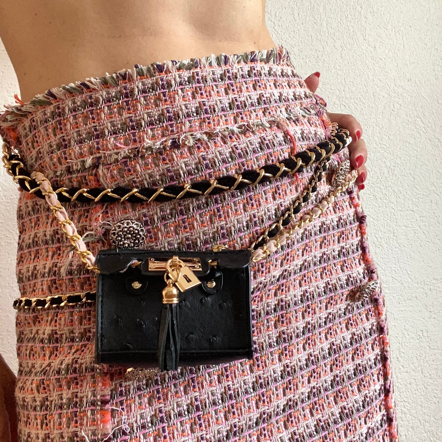 Black Ostrich Vegan Leather Removable Mini Flap Bag Adjustable Multilayer Waist Belt Gold Chain for Hips, Body Chain with mini Bag Wallet