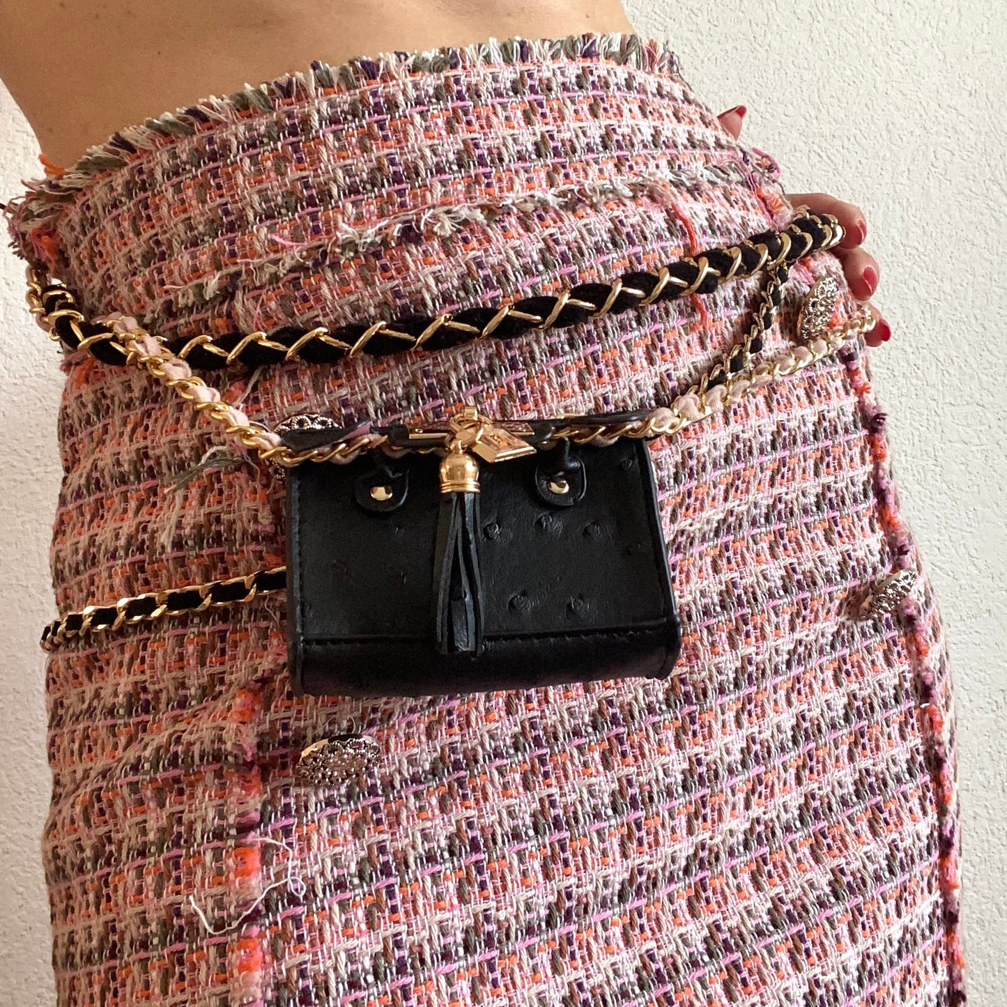 Black Ostrich Vegan Leather Removable Mini Flap Bag Adjustable Multilayer Waist Belt Gold Chain for Hips, Body Chain with mini Bag Wallet