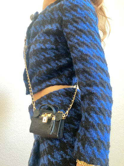 A Playful Glam Mini Purse with Gold Chain Sling and Ostrich Vegan Leather