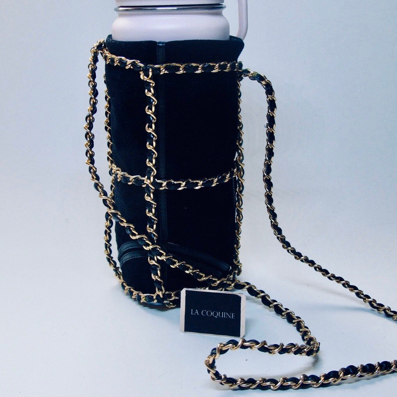 Rose Gold or Black Gold Chain Velvet Water Bottle Holder with Shoulder Sling Pouch, For Your Reusable Hydro Flask Bottle, Makes Great Gift