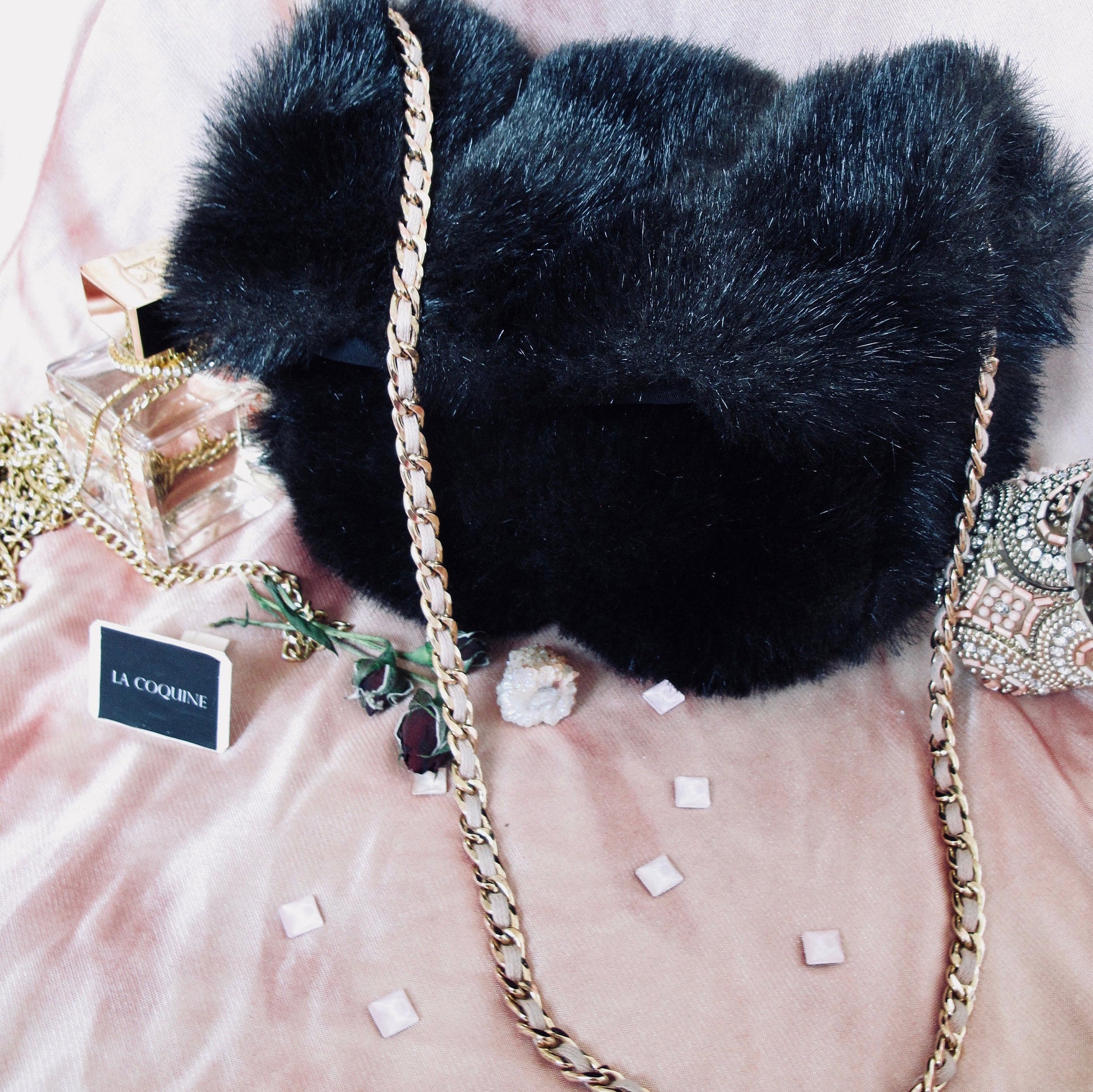 Top Flap Fuzzy Vegan Fur Purse with Chunky Gold Chain Sling for your Valuables, Brown Soft Vegan Fur Snap Closure Handbag Tote Bag Purse