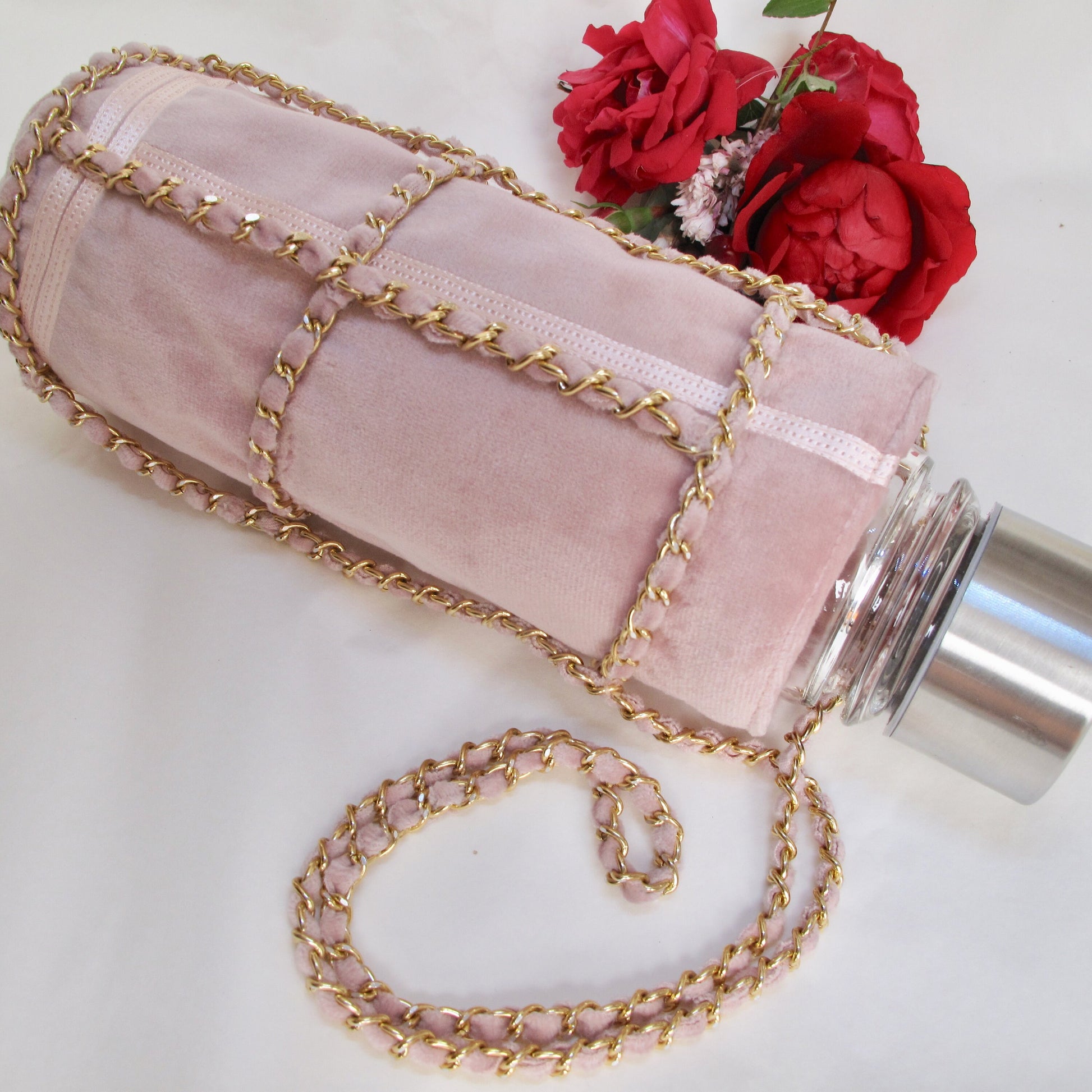 Rose Gold or Black Gold Chain Velvet Water Bottle Holder with Shoulder Sling Pouch, For Your Reusable Hydro Flask Bottle, Makes Great Gift