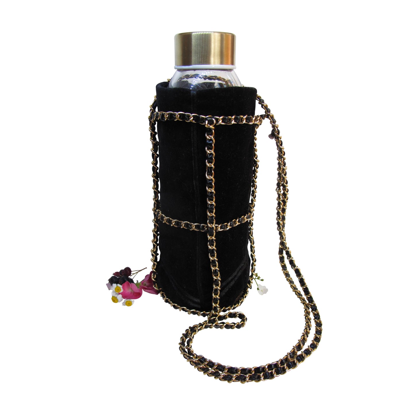 Rose Gold or Black Gold Chain Velvet Water Bottle Holder with Shoulder Sling Pouch, For Your Reusable Hydro Flask Bottle, Makes Great Gift