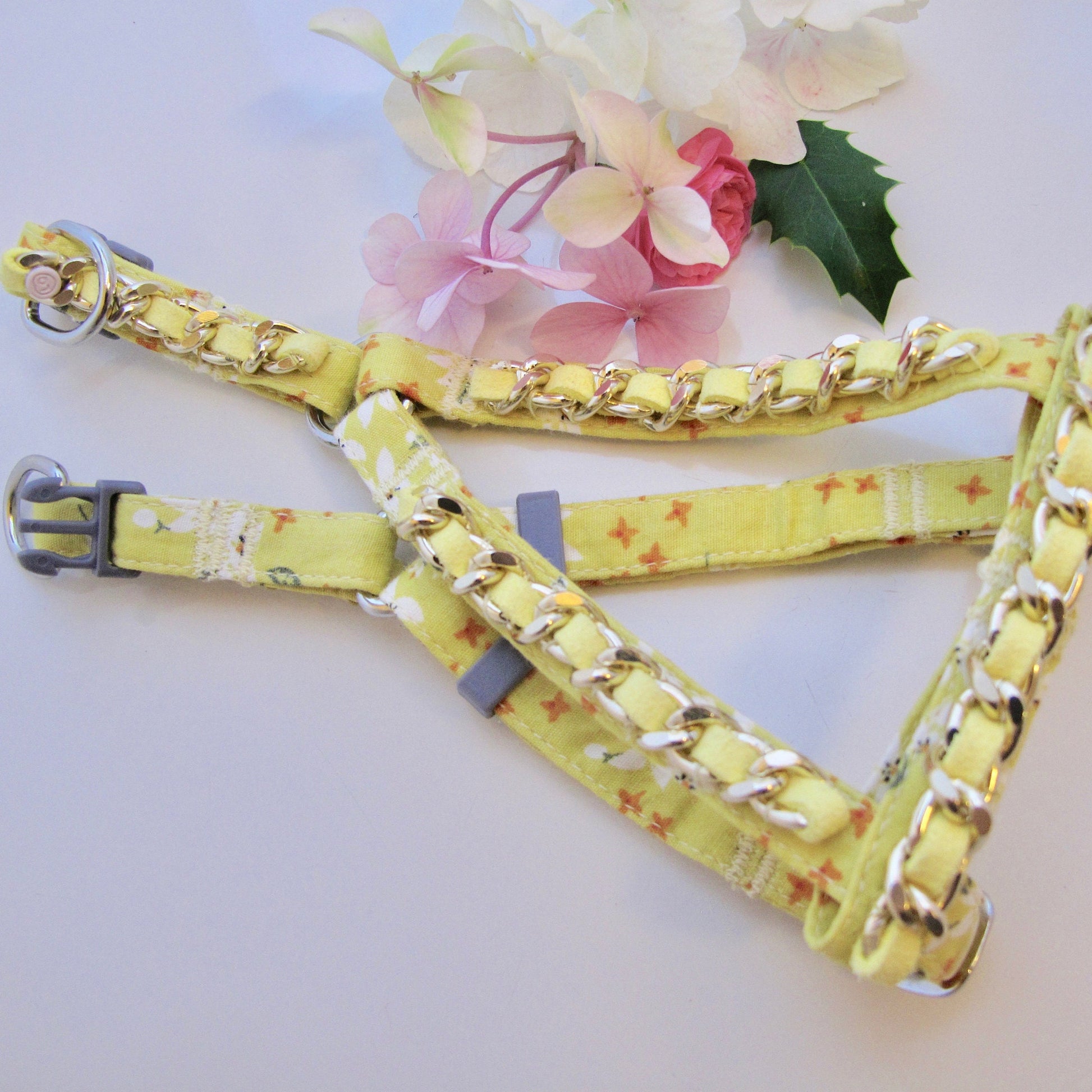 Yellow Floral Cotton Dog Collar and Matching Leash, Size Small Adjustable Girl or Boy Slip On Dog Harness, 4Foot Leash Set. See Size Chart