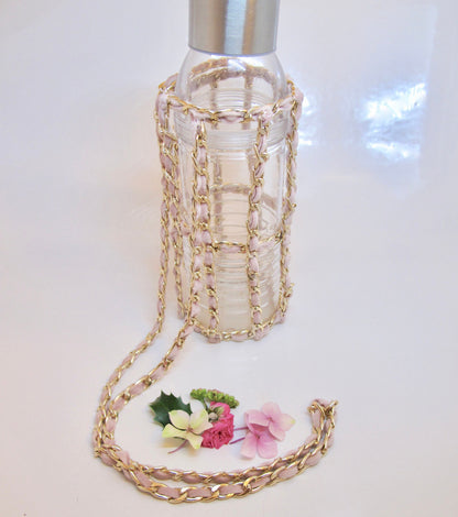 Crochet Velvet Bottle Holder, Gold Chain Bottle Holder, Water Bottle Sling, Water Bottle Carrier, Crossbody Bottle Bag, Water Flask Carrier