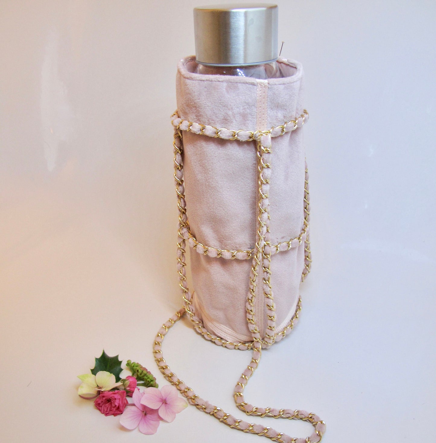 Rose Gold or Black Gold Chain Velvet Water Bottle Holder with Shoulder Sling Pouch, For Your Reusable Hydro Flask Bottle, Makes Great Gift