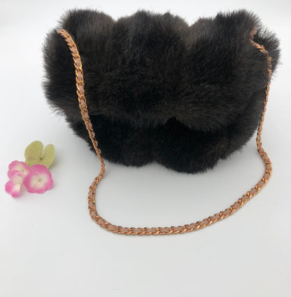 Top Flap Fuzzy Vegan Fur Purse with Chunky Gold Chain Sling for your Valuables, Brown Soft Vegan Fur Snap Closure Handbag Tote Bag Purse