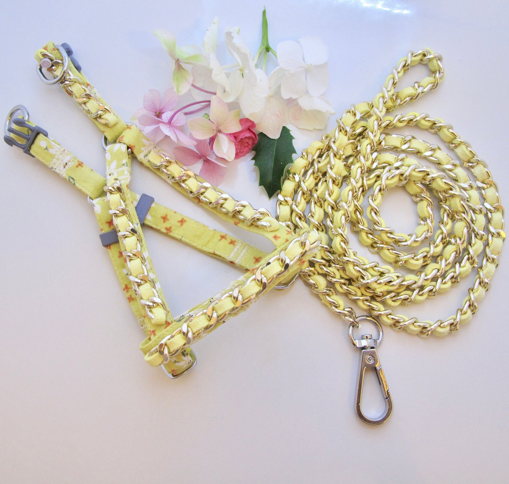 Yellow Floral Cotton Dog Collar and Matching Leash, Size Small Adjustable Girl or Boy Slip On Dog Harness, 4Foot Leash Set. See Size Chart