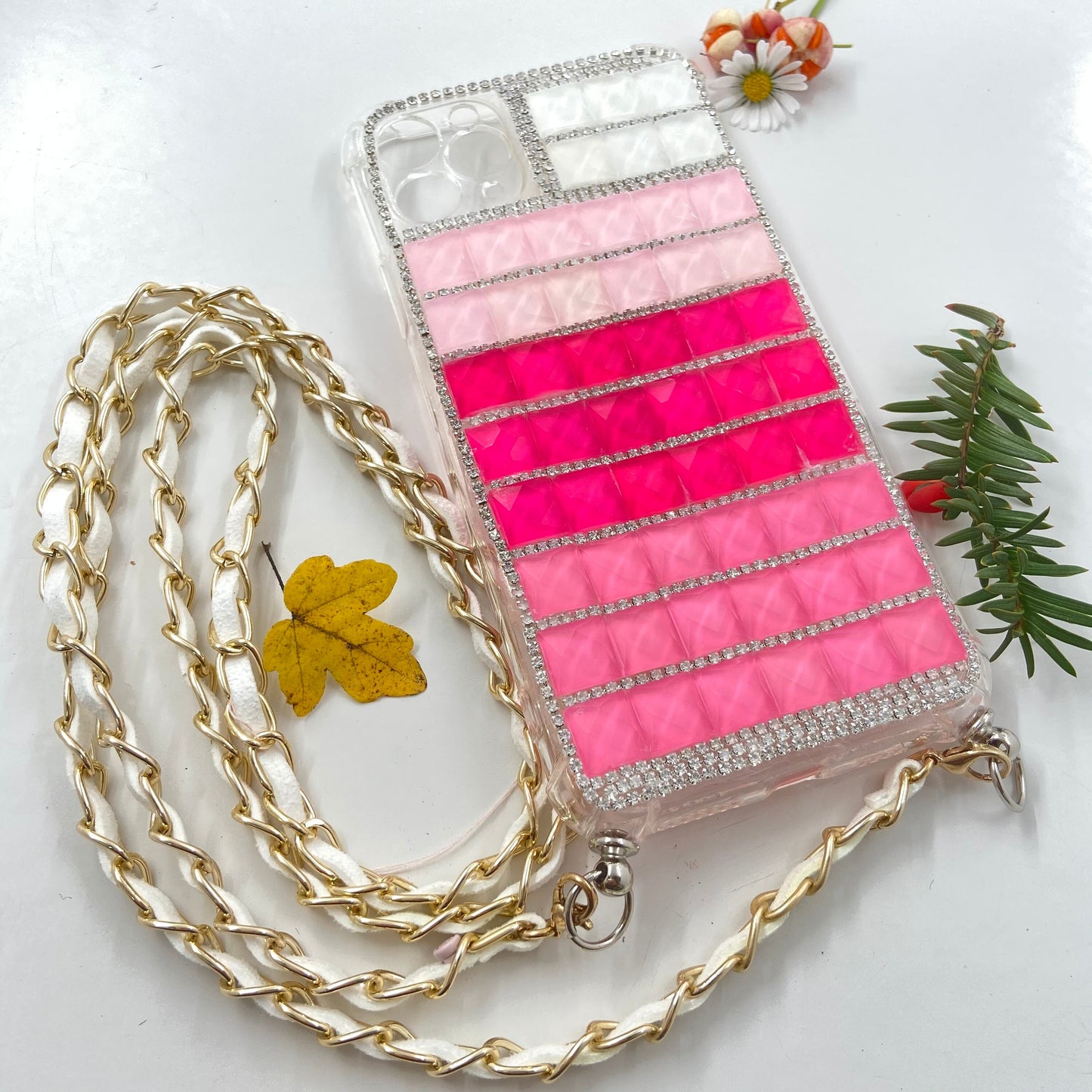 Luxury Bling Rhinestone 3D Deco Handmade iPhone 12Pro Max, iPhone 11Pro Max, iPhone XR Case, Gold Chain Shoulder Lanyard - Makes Great Gift