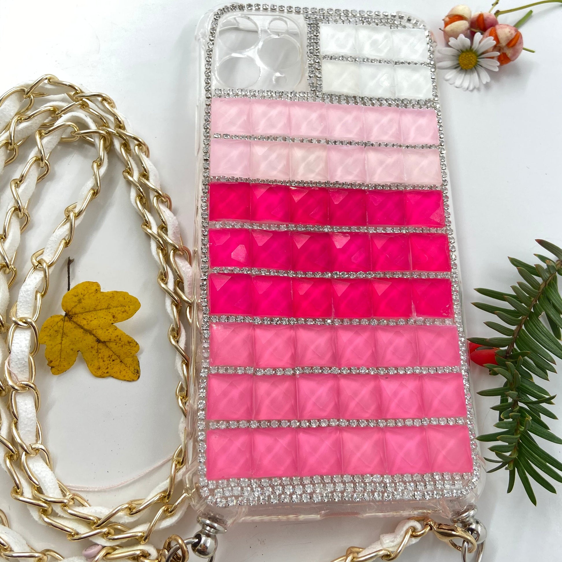 Luxury Bling Rhinestone 3D Deco Handmade iPhone 12Pro Max, iPhone 11Pro Max, iPhone XR Case, Gold Chain Shoulder Lanyard - Makes Great Gift