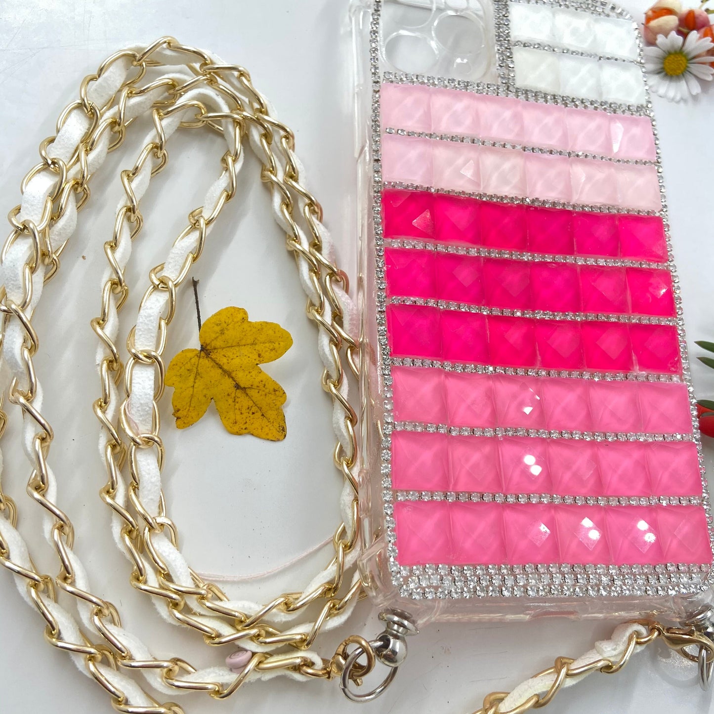 Luxury Bling Rhinestone 3D Deco Handmade iPhone 12Pro Max, iPhone 11Pro Max, iPhone XR Case, Gold Chain Shoulder Lanyard - Makes Great Gift