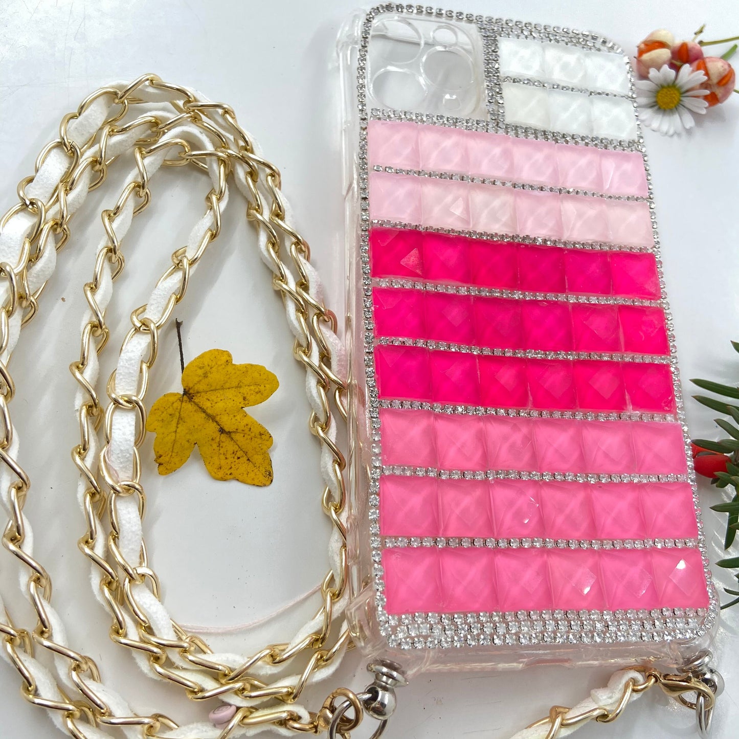 Luxury Bling Rhinestone 3D Deco Handmade iPhone 12Pro Max, iPhone 11Pro Max, iPhone XR Case, Gold Chain Shoulder Lanyard - Makes Great Gift