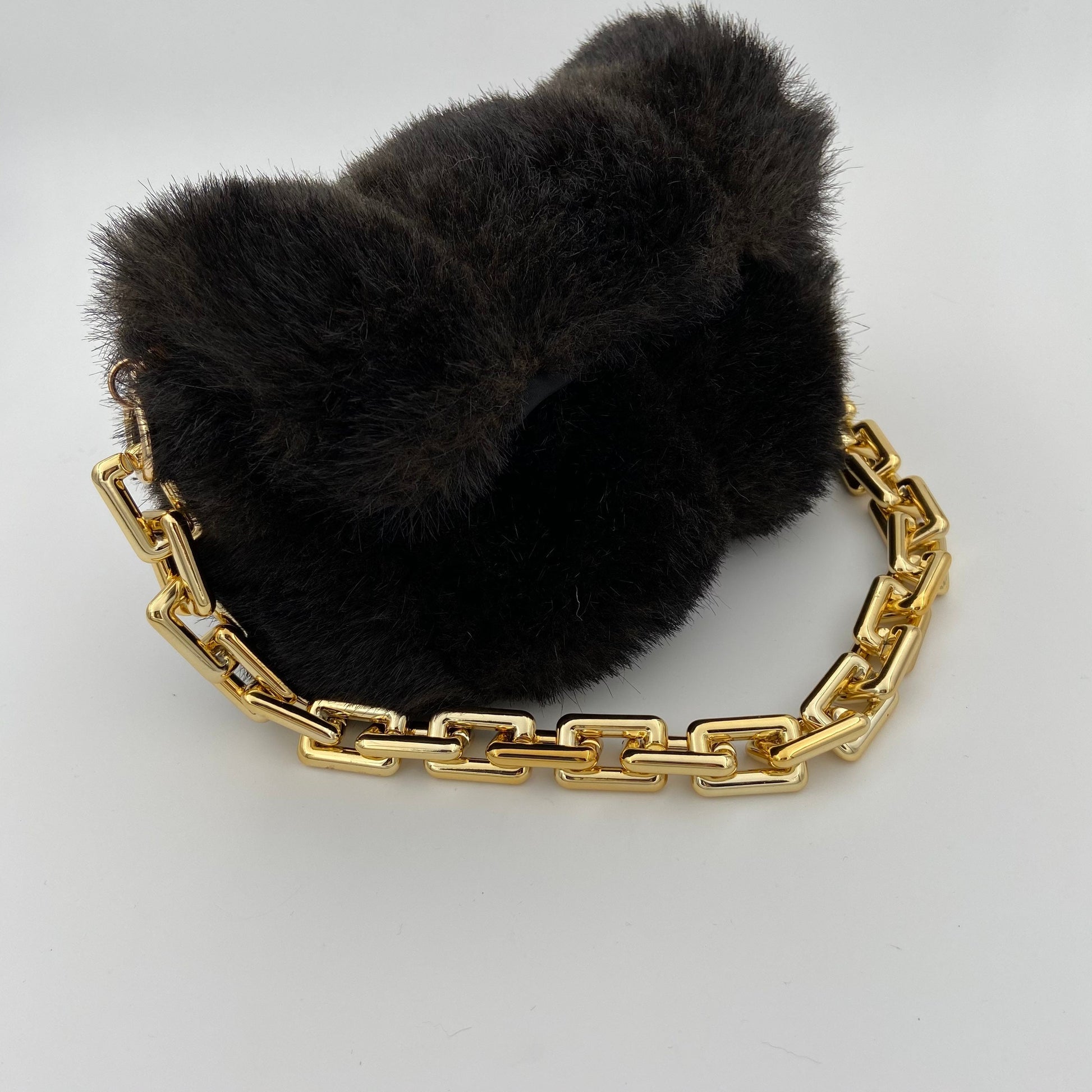 Top Flap Fuzzy Vegan Fur Purse with Chunky Gold Chain Sling for your Valuables, Brown Soft Vegan Fur Snap Closure Handbag Tote Bag Purse