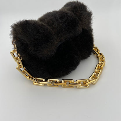 Top Flap Fuzzy Vegan Fur Purse with Chunky Gold Chain Sling for your Valuables, Brown Soft Vegan Fur Snap Closure Handbag Tote Bag Purse