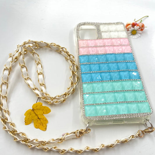 Luxury Bling Rhinestone 3D Deco Handmade iPhone 11 Pro, Max iPhone 12 Case, In Candy Colors with Gold Chain Shoulder Lanyard - Great Gift