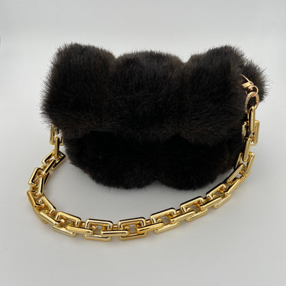 Top Flap Fuzzy Vegan Fur Purse with Chunky Gold Chain Sling for your Valuables, Brown Soft Vegan Fur Snap Closure Handbag Tote Bag Purse
