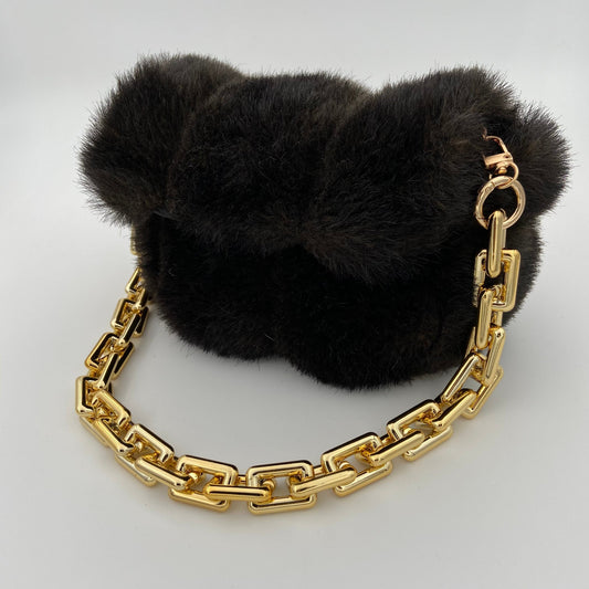 Top Flap Fuzzy Vegan Fur Purse with Chunky Gold Chain Sling for your Valuables, Brown Soft Vegan Fur Snap Closure Handbag Tote Bag Purse