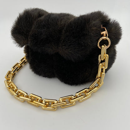 Top Flap Fuzzy Vegan Fur Purse with Chunky Gold Chain Sling for your Valuables, Brown Soft Vegan Fur Snap Closure Handbag Tote Bag Purse