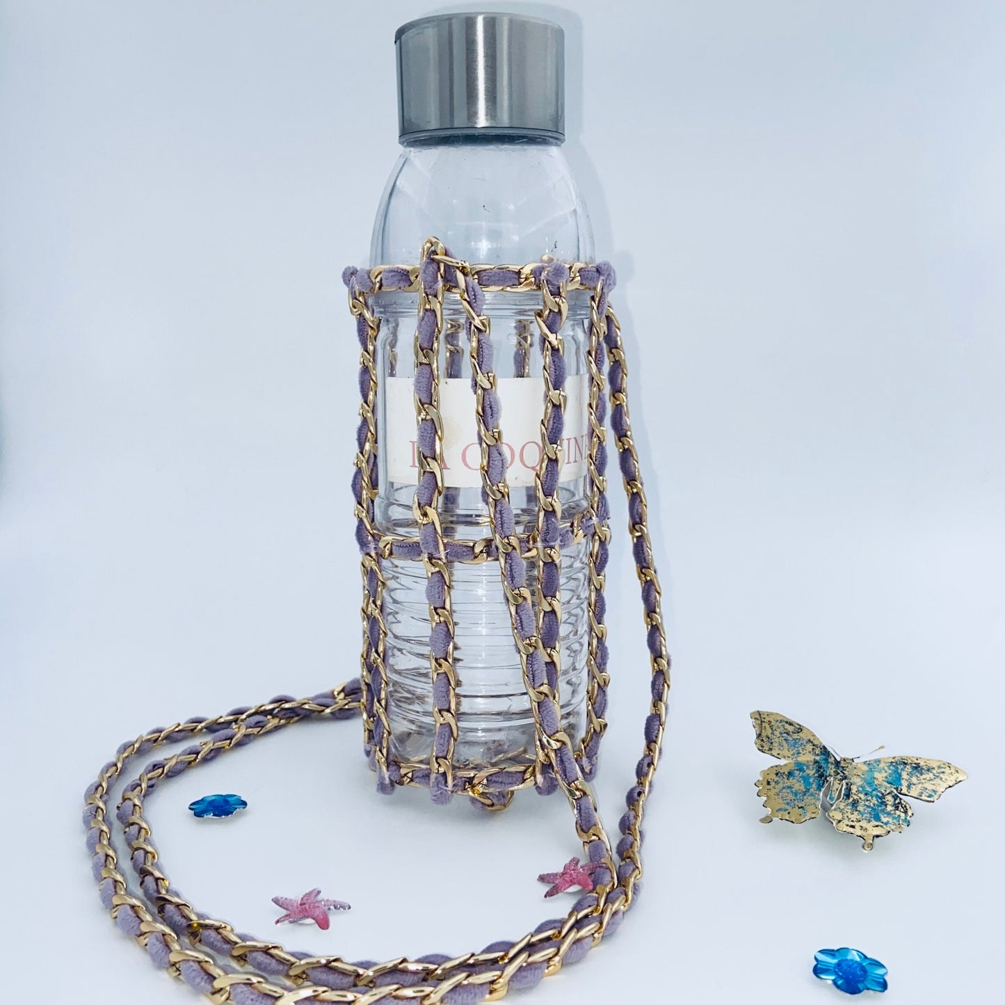 Crochet Velvet Bottle Holder, Gold Chain Bottle Holder, Water Bottle Sling, Water Bottle Carrier, Crossbody Bottle Bag, Water Flask Carrier