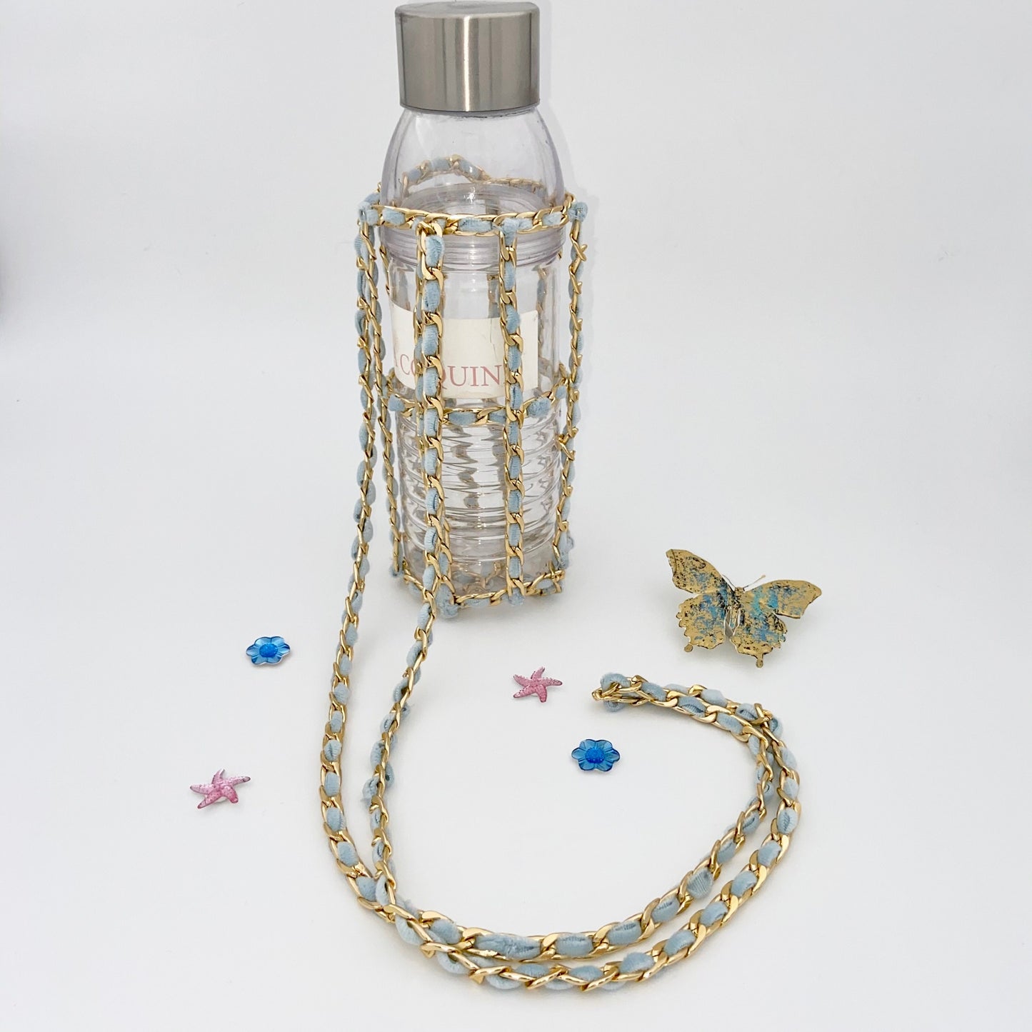 Crochet Velvet Bottle Holder, Gold Chain Bottle Holder, Water Bottle Sling, Water Bottle Carrier, Crossbody Bottle Bag, Water Flask Carrier