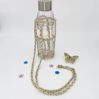 Crochet Velvet Bottle Holder, Gold Chain Bottle Holder, Water Bottle Sling, Water Bottle Carrier, Crossbody Bottle Bag, Water Flask Carrier