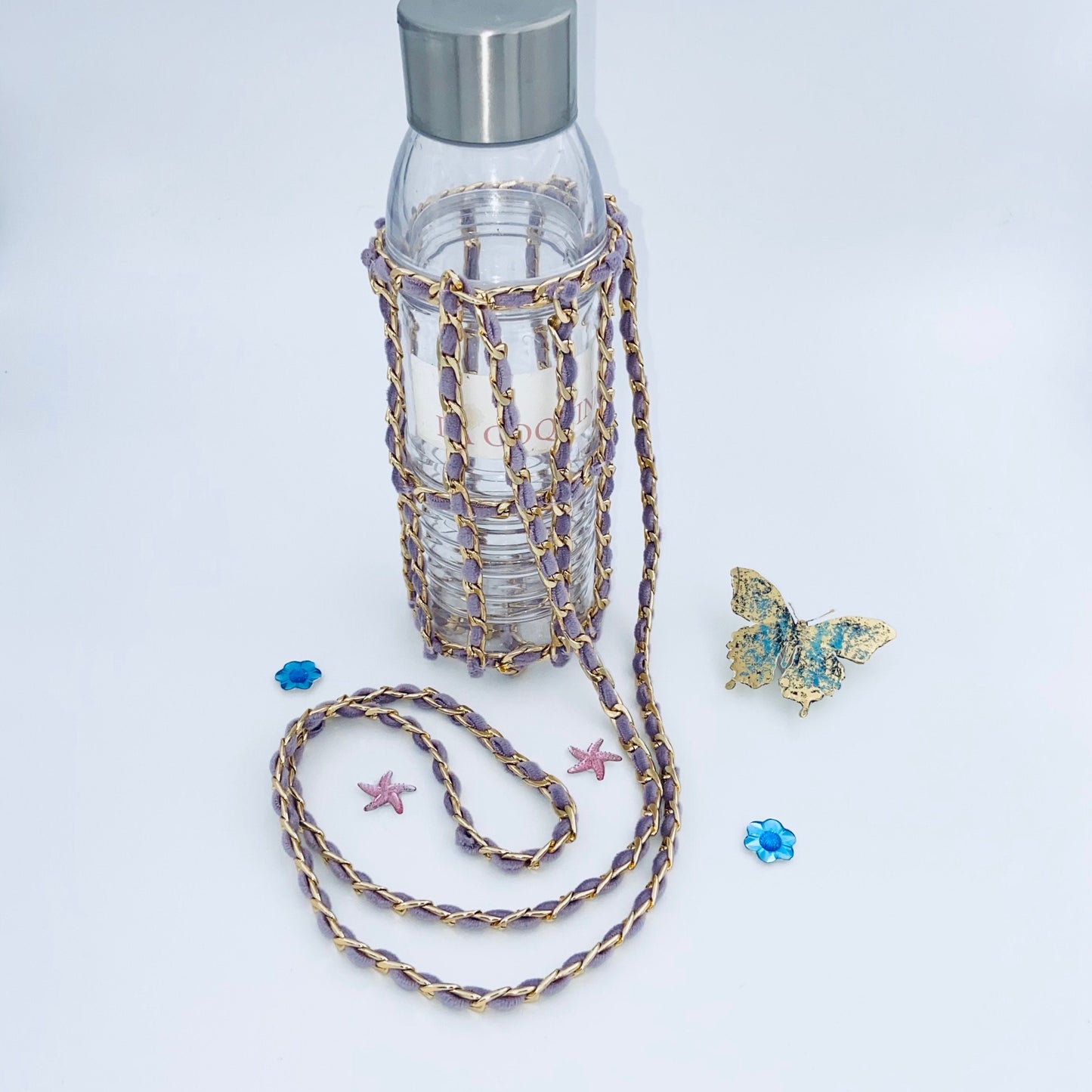 Crochet Velvet Bottle Holder, Gold Chain Bottle Holder, Water Bottle Sling, Water Bottle Carrier, Crossbody Bottle Bag, Water Flask Carrier